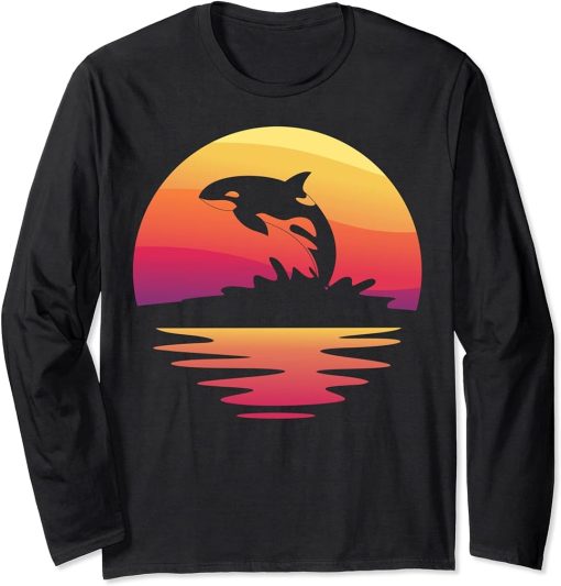 Sunset Ocean Animal Lover Gift Whale Aquarist Retro Orca Long Sleeve T-Shirt