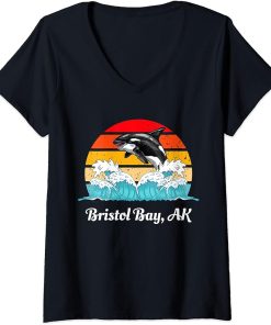 Womens Vintage Bristol Bay AK Distressed Orca Killer Whale Art V-Neck T-Shirt