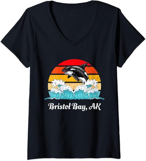 Womens Vintage Bristol Bay AK Distressed Orca Killer Whale Art V-Neck T-Shirt