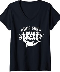 Womens This Girl Loves Orcas Sea Orca Whale Protect V-Neck T-Shirt