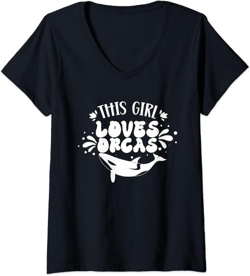 Womens This Girl Loves Orcas Sea Orca Whale Protect V-Neck T-Shirt