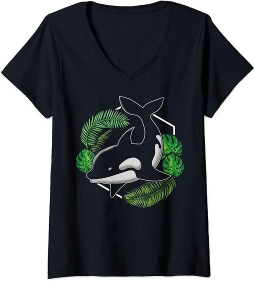 Womens Nature Whale Aquarist Gift Ocean Animal Lover Tropical Orca V-Neck T-Shirt