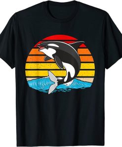 Orca Killer Whale Animated Vintage Retro With Waves & Sunset T-Shirt