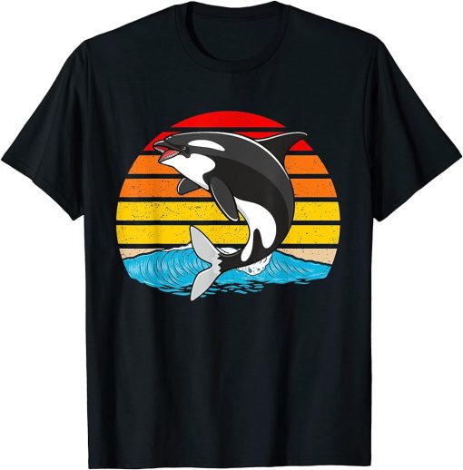 Orca Killer Whale Animated Vintage Retro With Waves & Sunset T-Shirt