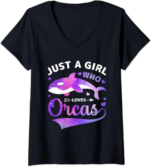 Womens Just A Girl Who Loves Orcas V-Neck T-Shirt