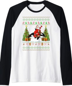 Xmas Sweater Ugly Santa Riding Orca Christmas Raglan Baseball Tee