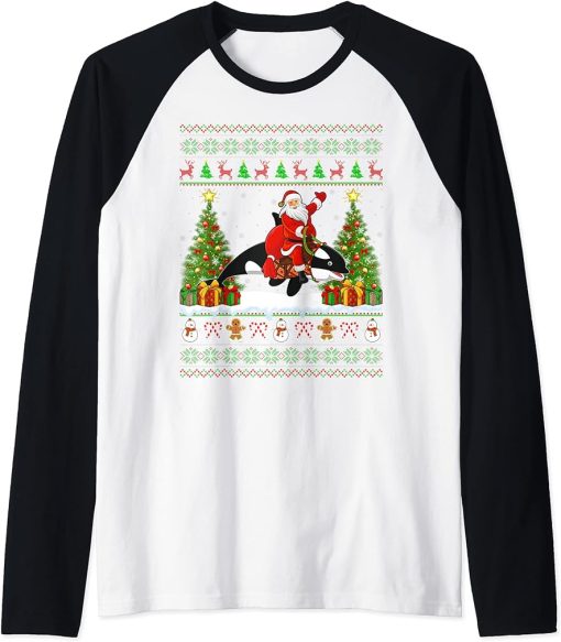 Xmas Sweater Ugly Santa Riding Orca Christmas Raglan Baseball Tee