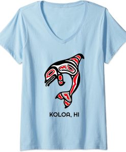 Womens Koloa HI Native Aboriginal Orca Killer Whales V-Neck T-Shirt