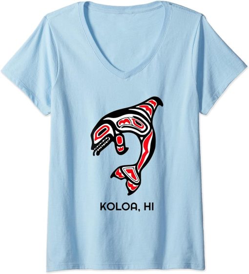 Womens Koloa HI Native Aboriginal Orca Killer Whales V-Neck T-Shirt